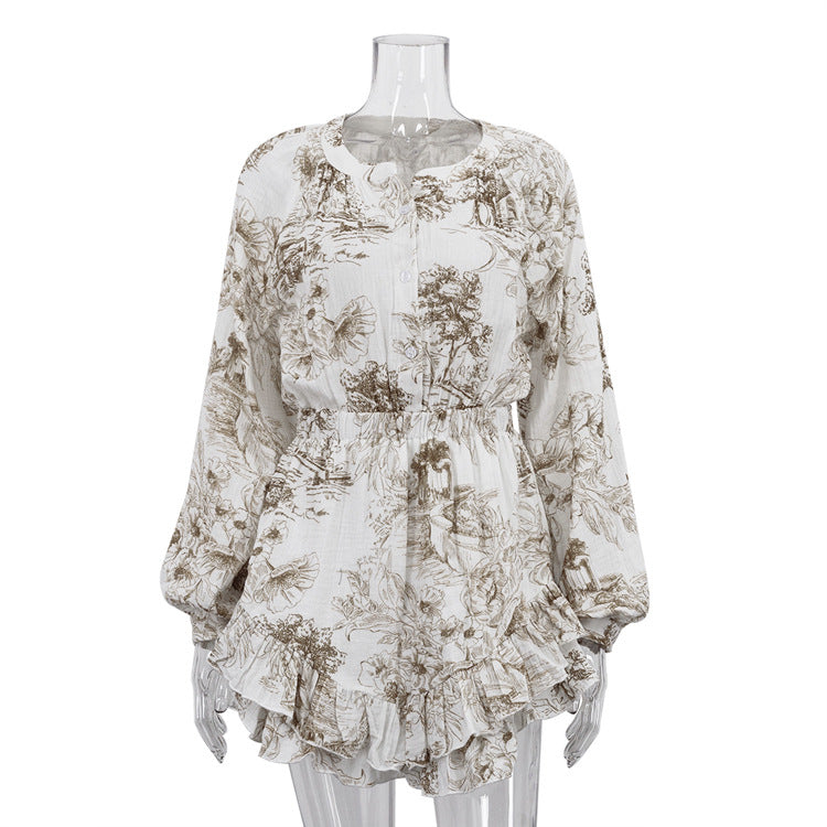Autumn Cotton Champray Printed Casual Dress Women round Neck Long Sleeve Ruffles A line Dress by Ragazza