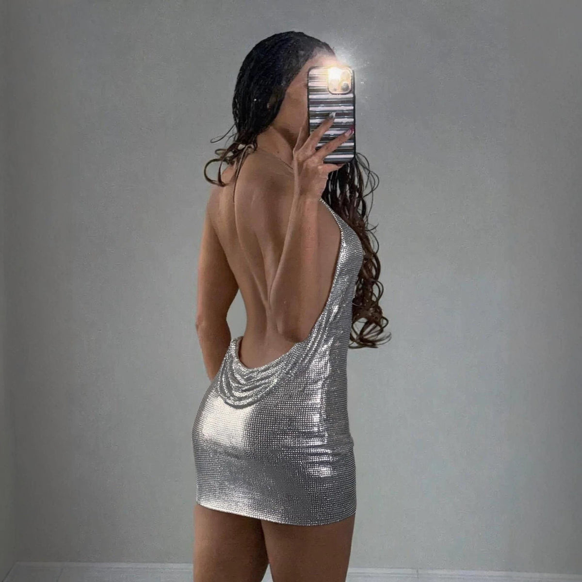 Electronic Music Festival Sexy Glossy Swing Collar Halter Backless Strap Aluminum Sheet Dress DestGlow