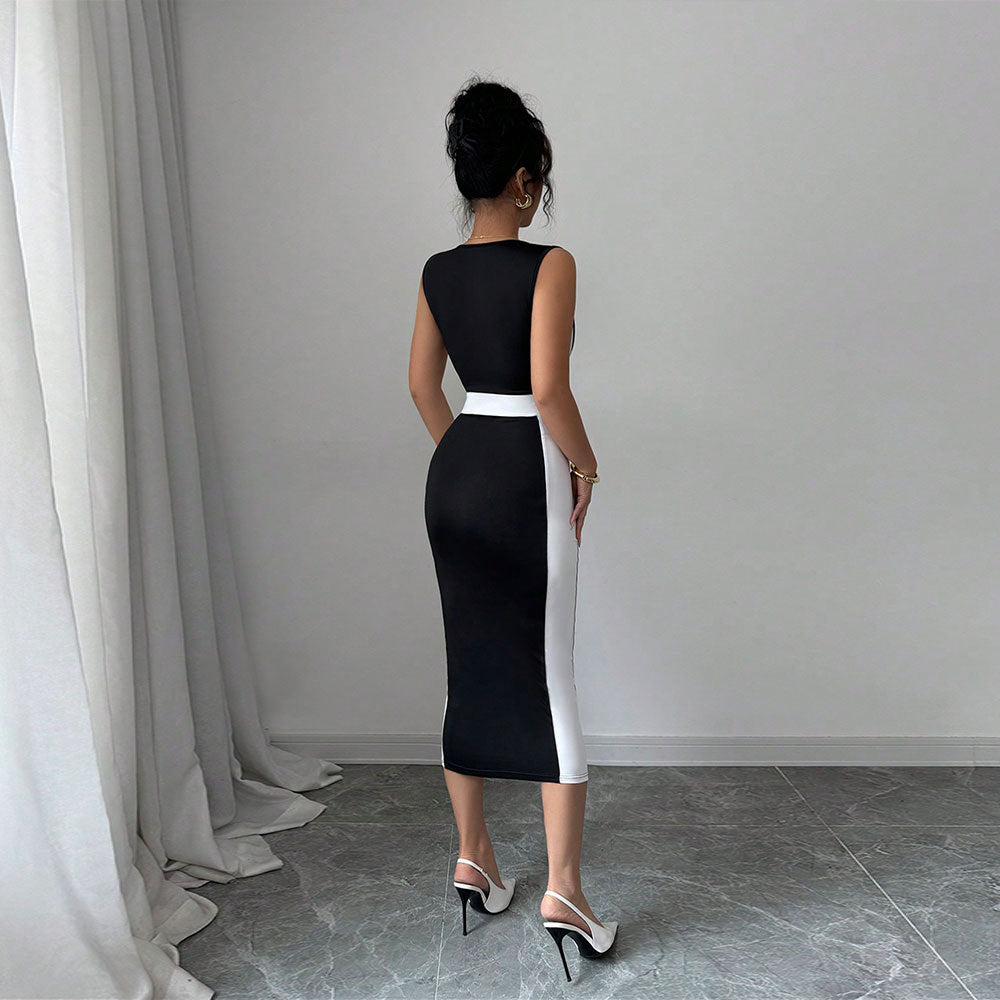 Summer Women Clothing Adult Lady Like Woman Intellectual Maxi Dress Square Neck Strap Contrasting Color Dress DestGlow