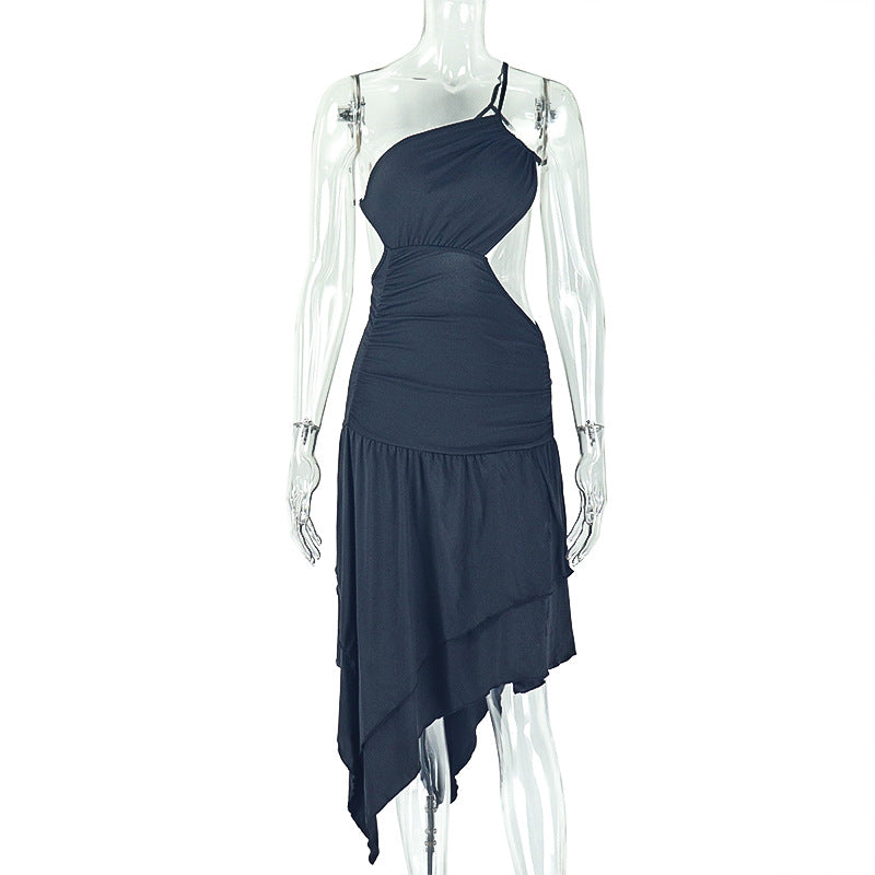 Women Clothing Pleated Elegant Solid Color Asymmetric Dress Diagonal Collar Single Shoulder Suspender Split Dress by Ragazza