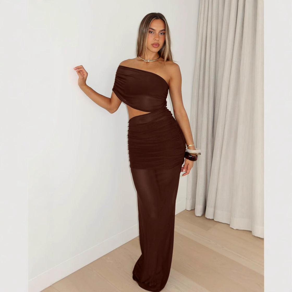 Women Clothing Summer Sexy off Shoulder Gauze Hollow Out Cutout Slim Fit Pleated See through Dress by Ragazza