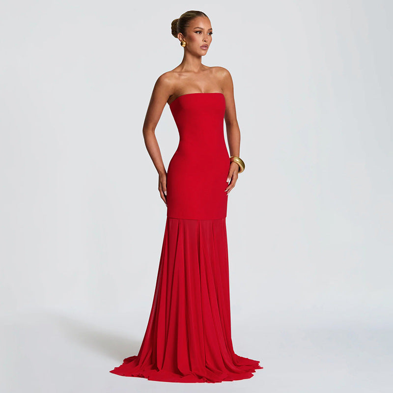 Women Clothing Autumn Winter Solid Color Elegant Sleeveless Chiffon Stitching Tube Top Ribbon Maxi Dress by Ragazza