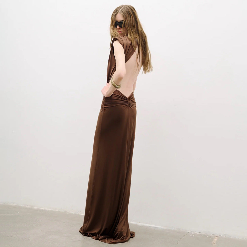 Sexy Brown Twisted Pleated Sleeveless Deep V Plunge Women Clothing Hip Dress DestGlow