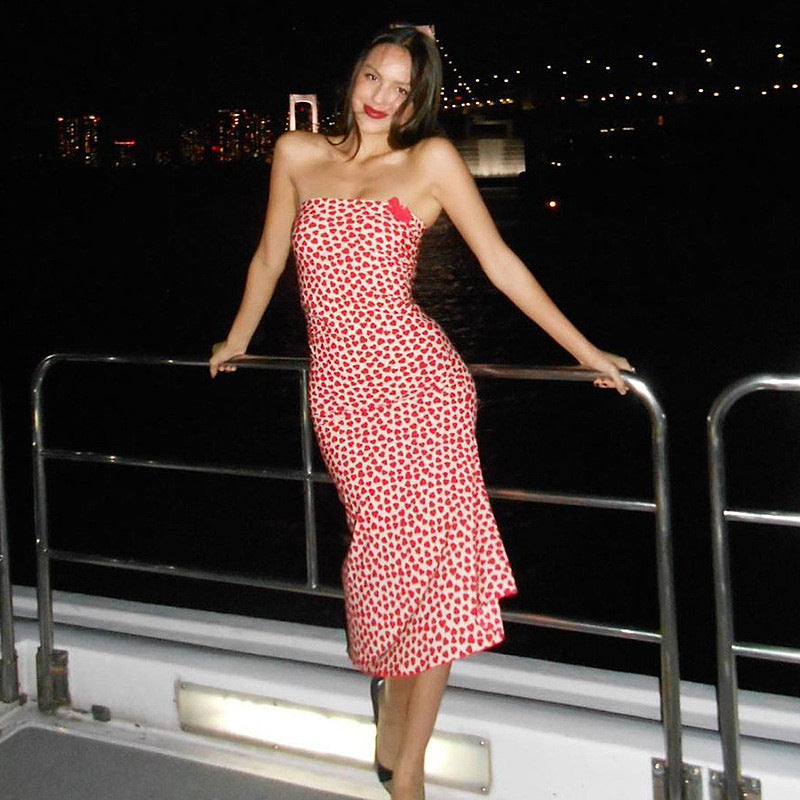 French Romantic Women Tube Top Heart Printing Slim Fit Sheath Dress Date Ancient Military Uniform Maxi Dress by Ragazza