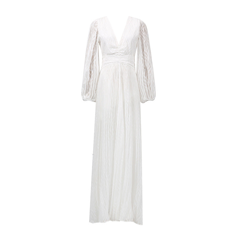 Spring Deep V Plunge neck Lantern Sleeve Maxi Dress Tight Waist Slimming Pleated Design Dress for Women by Ragazza