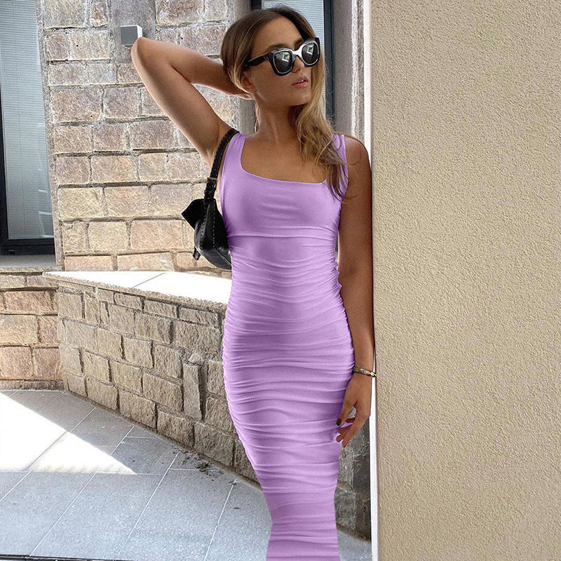 Summer Sexy Women Wear Solid Color Tight Backless Sleeveless Pleated Dress by Ragazza