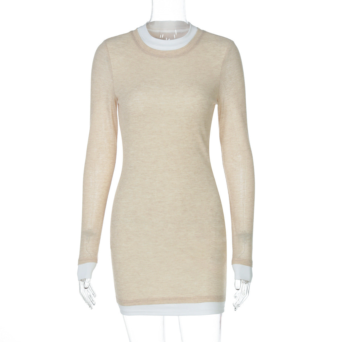 Women Clothing Autumn Crew Neck Long Sleeve Color Matching Slim Hip Bag Dress by Ragazza