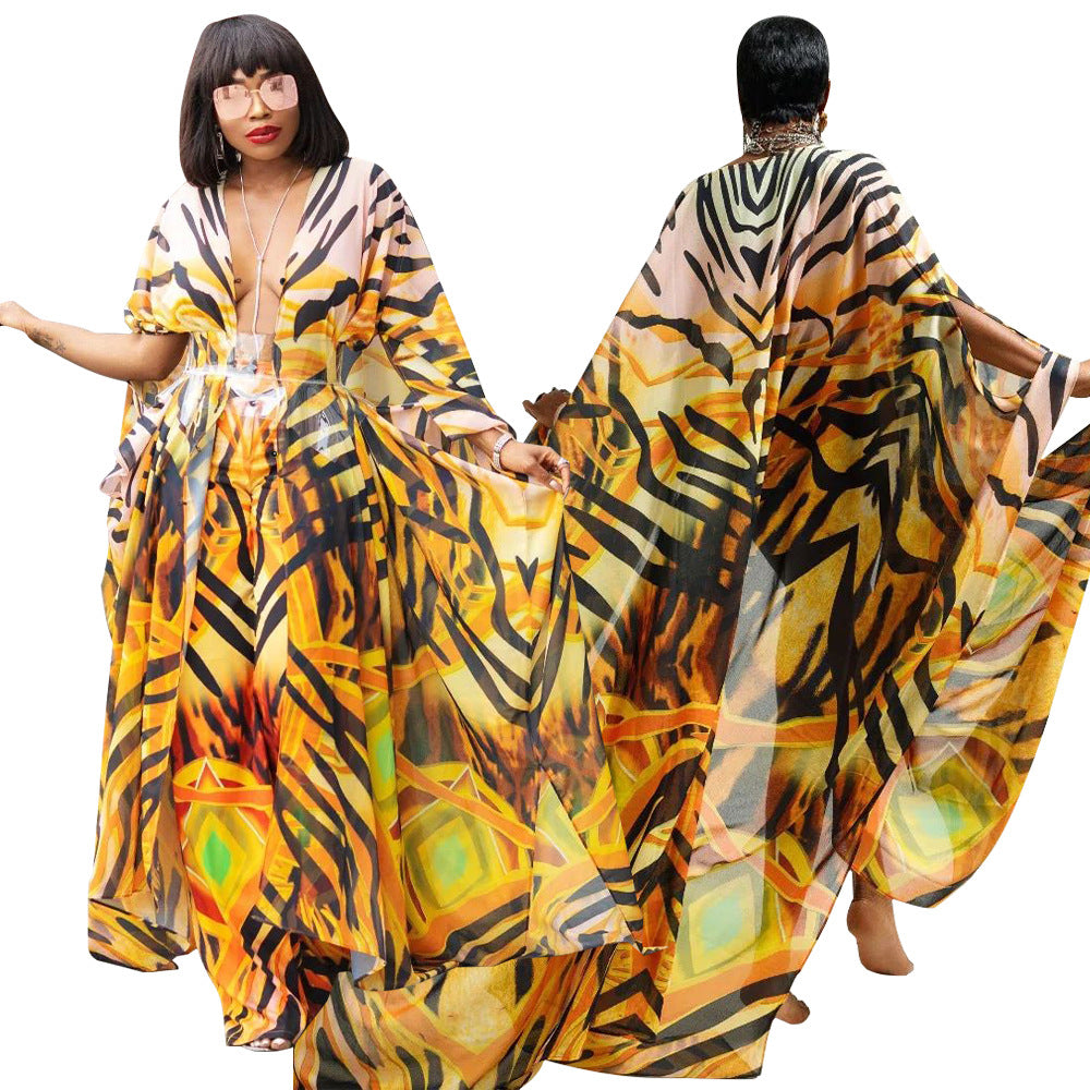 Popular Women Clothing Autumn V neck Casual Printed Jacket See through Chiffon Shirt by Ragazza