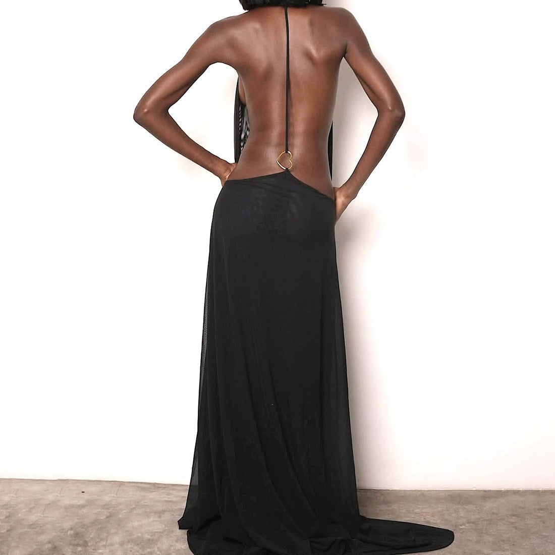 Women Spring Clothing V neck Halter Mesh Backless Sexy Solid Color Dress DestGlow
