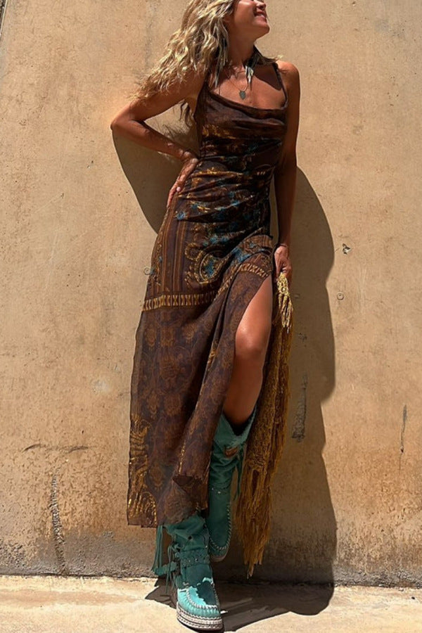 Sexy Sleeveless Printed Stretch Split Straps Tulle Dress by Ragazza