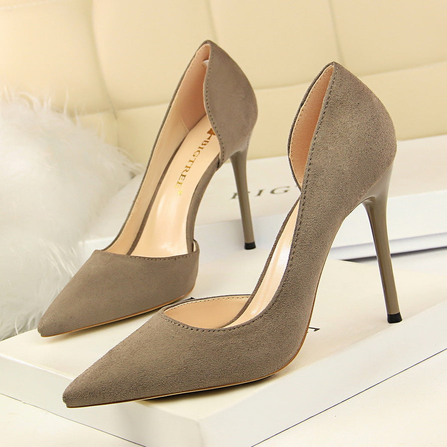 Simple Stiletto Heel Suede Shallow Mouth Pointed Toe Sexy Nightclubs Thinner Side Hollow Out Cutout Pumps DestGlow