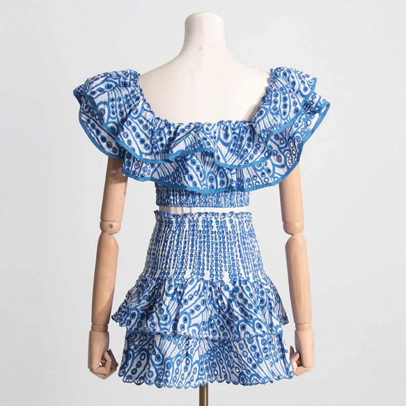 Summer French Wooden Ear Short Top High Waist Cake Layer Skirt Sexy Two Piece Suit Suit by Ragazza
