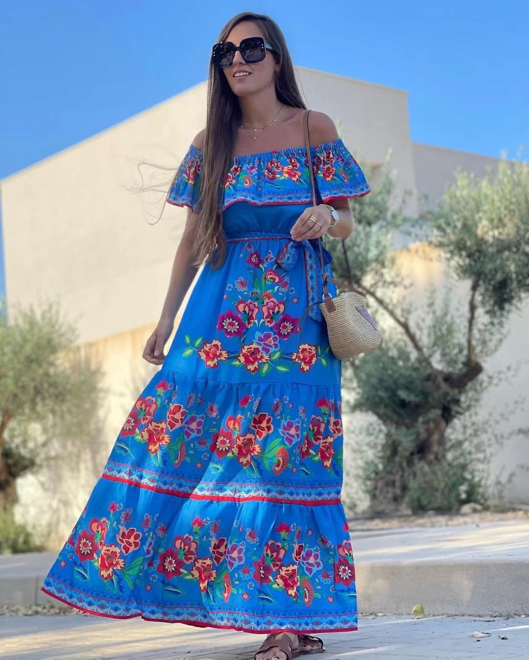 Spring Summer off Shoulder Red Floral Printed Long Large Hem Dress by Ragazza