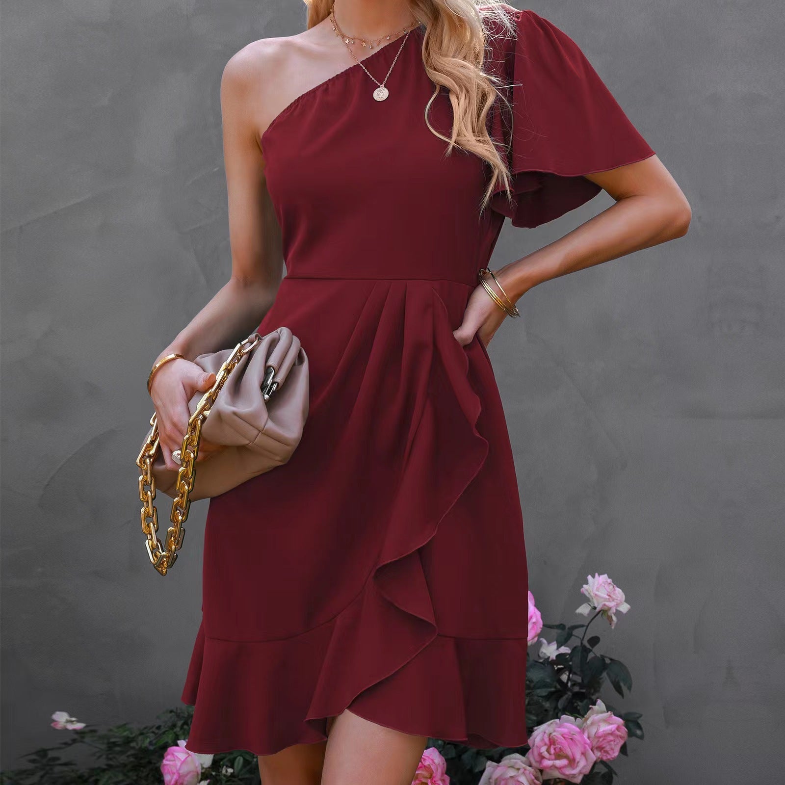 Dress Summer Solid Color Single Side Sleeve Off Shoulder Ruffled Solid Color High Waist Off Shoulder Midi Dress by Ragazza