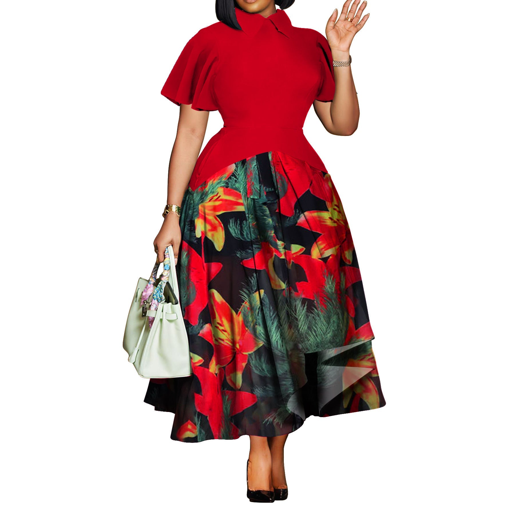 Plus Size Women Clothing Summer Fashionable Elegant Collared Ruffle Sleeve Dress Large Swing African Dress With pockets by Ragazza