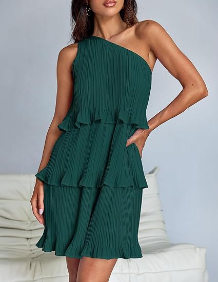 Spring Summer Women Clothing Oblique Shoulder Layered Stitching Hem Solid Color Dress Women by Ragazza