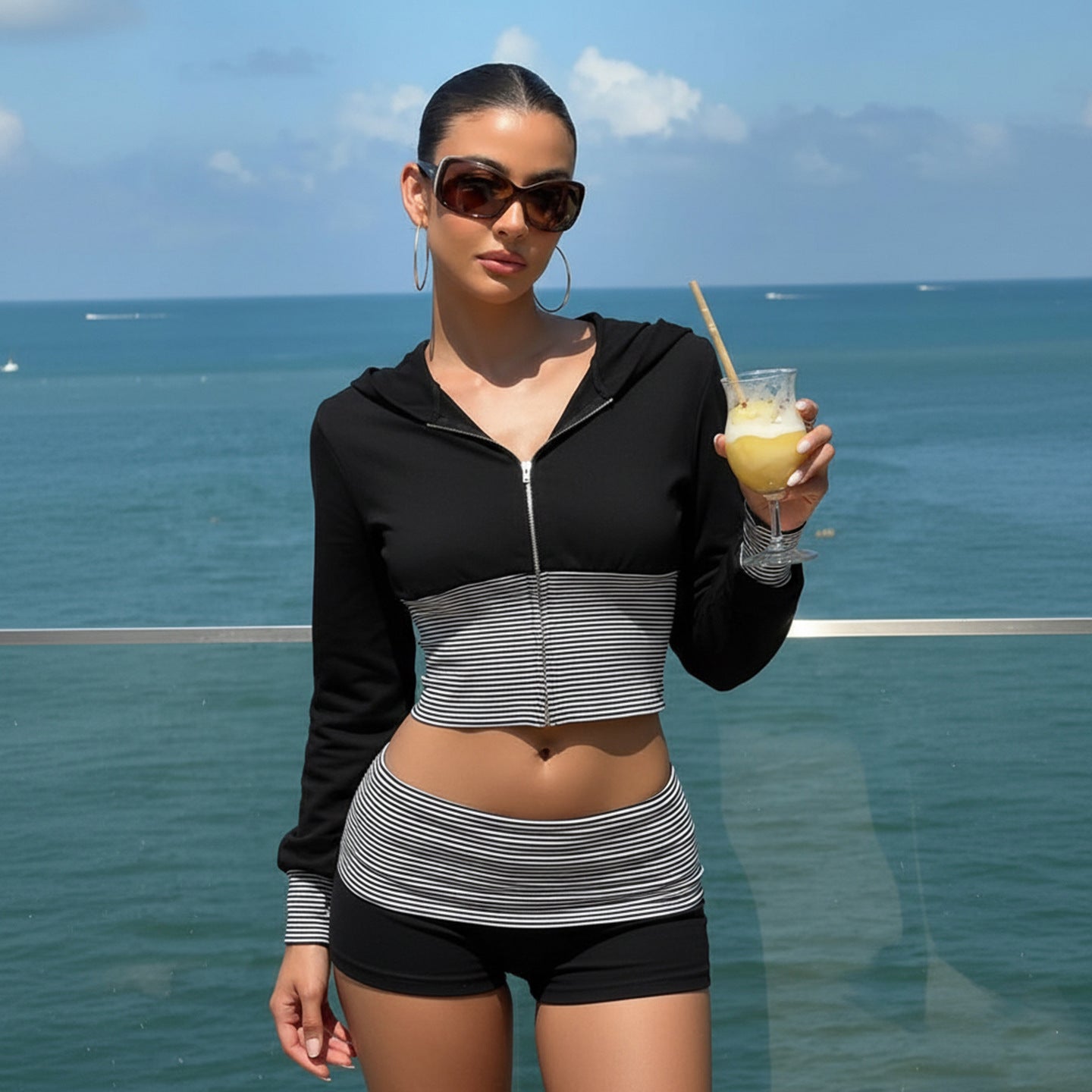Women Wear Casual Striped Stitching Contrast Color Zipper Hooded Top Shorts Two Piece Set by Ragazza