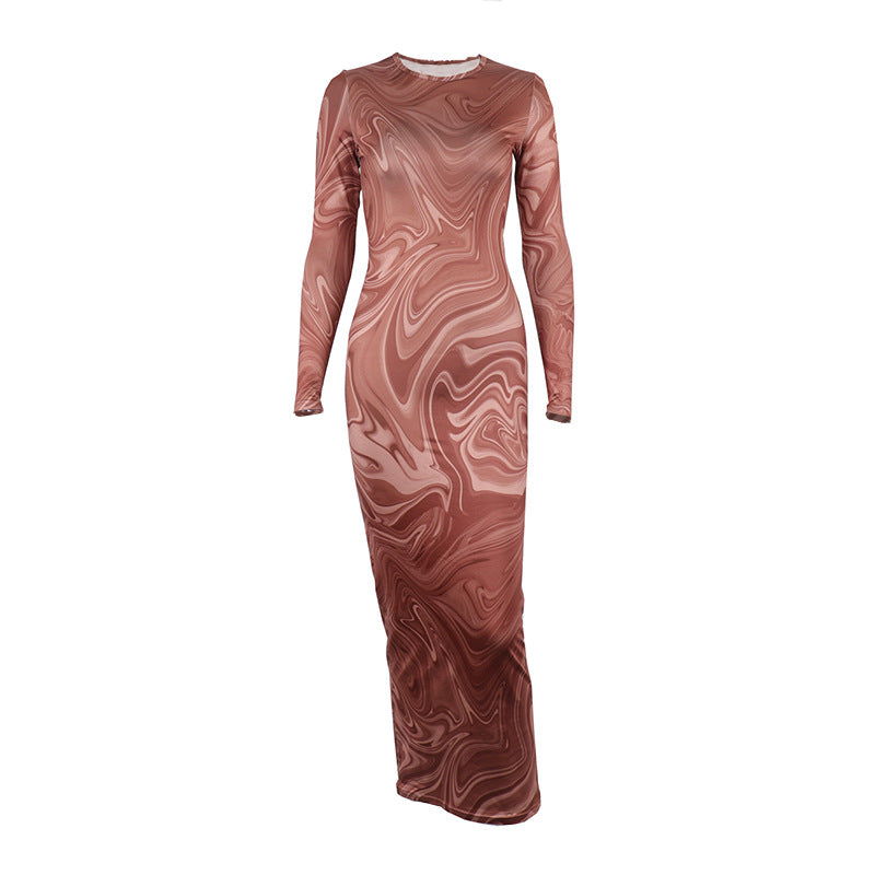 Women Clothing Autumn Winter Print round Neck Long Sleeve Slim Mid Length Dress by Ragazza