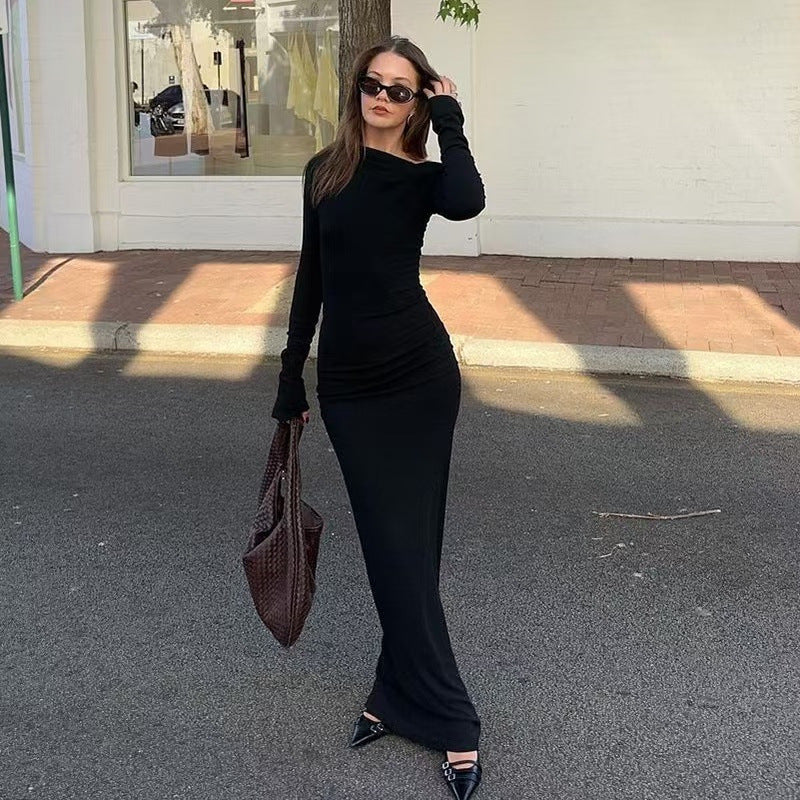 Sexy Women Clothing Sloping-Shoulder off the Shoulder Long Sleeve Slim Fit Pleated Long Socialite Dress by Ragazza