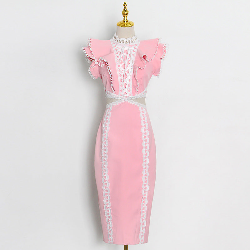 Elegant Women Hip Sexy Solid Color Ruffles Stitching Scheming Hollow Out Cutout out Maxi Dress by Ragazza