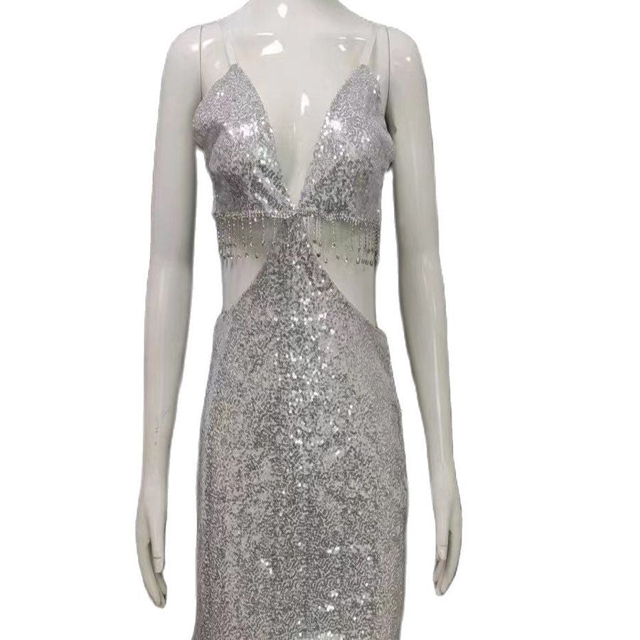 Sequined Hollow Out Cutout Sexy Suspenders Dress Summer Rhinestone Chain Stitching Dress by Ragazza