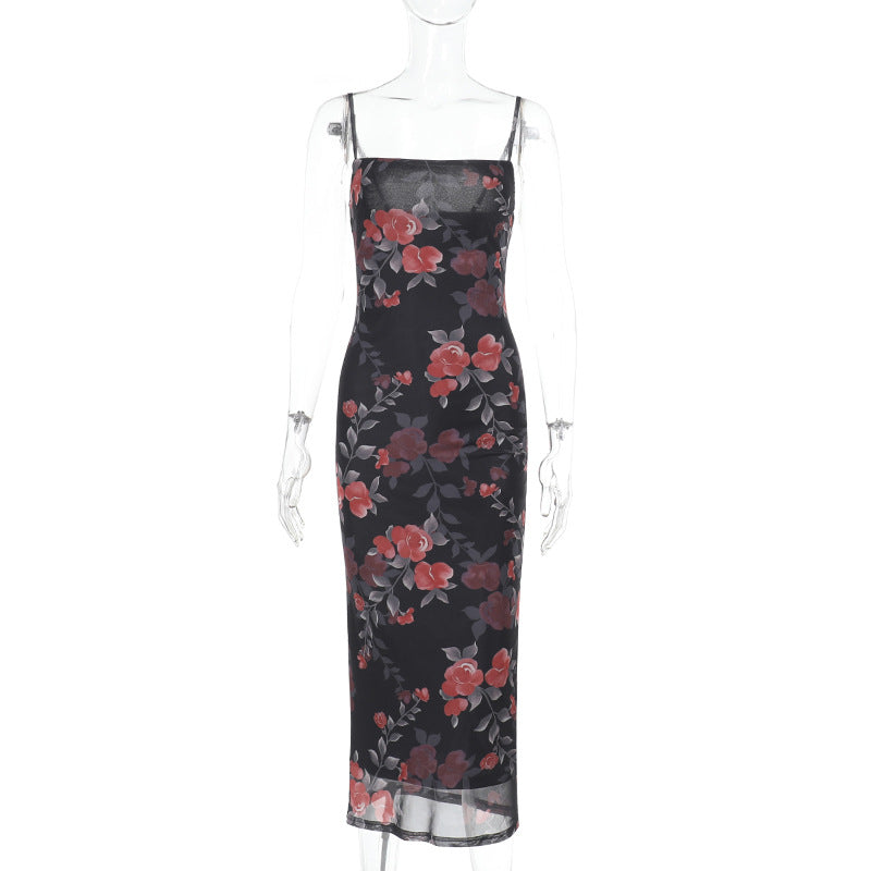 Spring Maxi Dress Socialite Elegant Sexy Slim Straps Tulle Printed Dress DestGlow