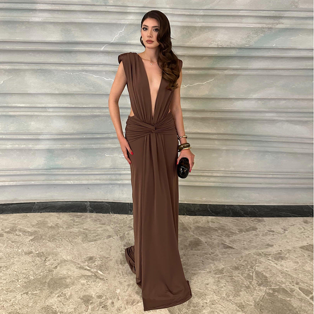 Sexy Brown Twisted Pleated Sleeveless Deep V Plunge Women Clothing Hip Dress DestGlow