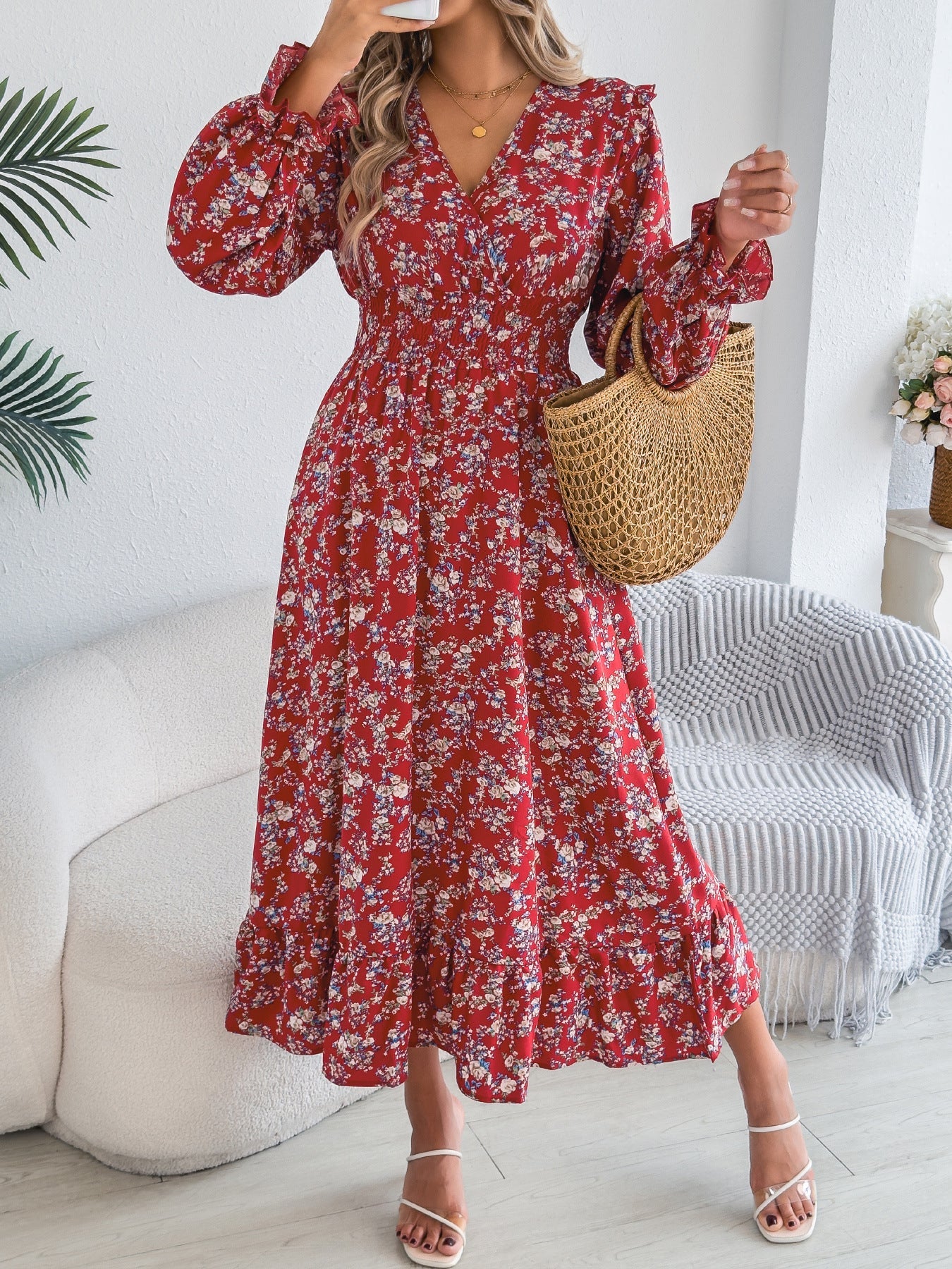 Autumn Winter Elegant Floral Cross V neck Waist Trimming Ruffles Maxi Dress Women Clothing by Ragazza