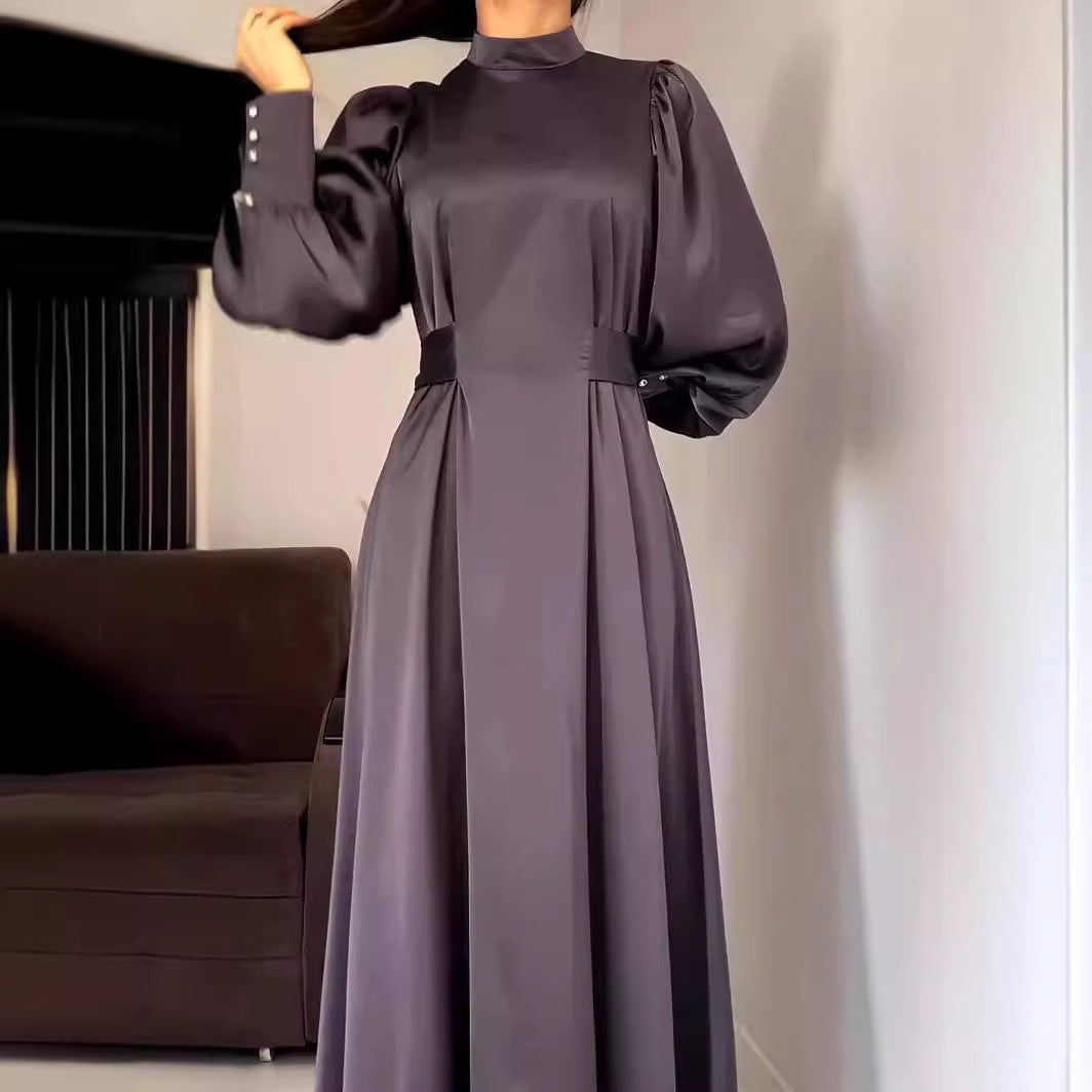 Autumn Waist Solid Color Long Sleeve Slim Fit Belt Retro Dress by Ragazza