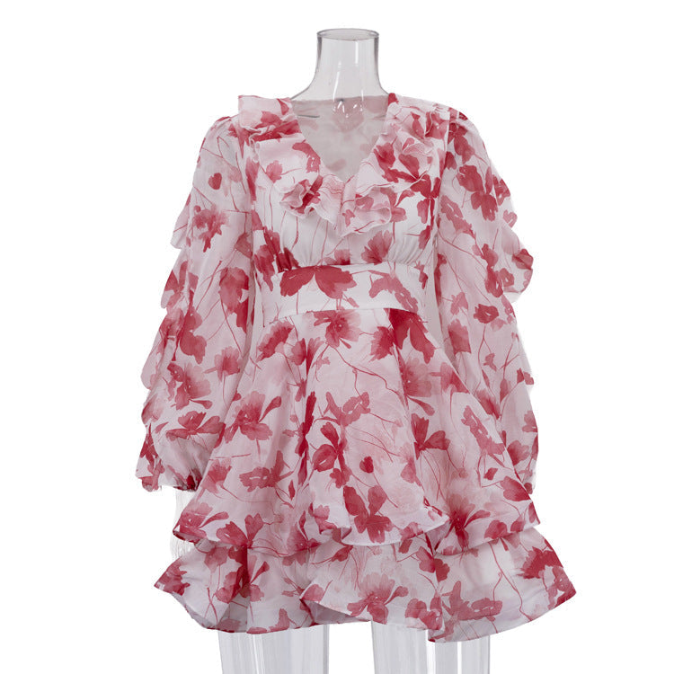 Ruffled Printed French Dress Women V neck Long Sleeve Waist A line Dress DestGlow