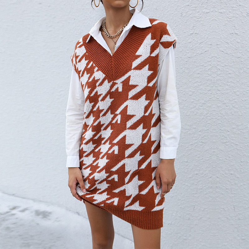 Women Wear Casual Long Sleeve Houndstooth Fall Winter Sweater Dress Outer Wear by Ragazza