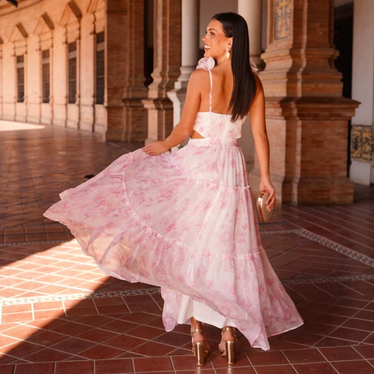 Spring Summer Vacation Chiffon Printed Backless V neck Strap Midi Dress DestGlow