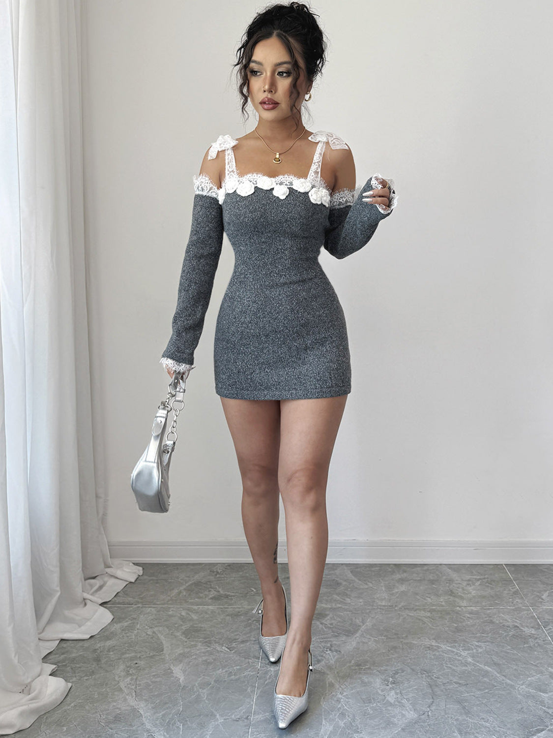 Lace Dress Stitching Hand Crocheting off Shoulder Dress Oversleeves Separated Type Knitted Dress Women Clothing Woolen Dress by Ragazza