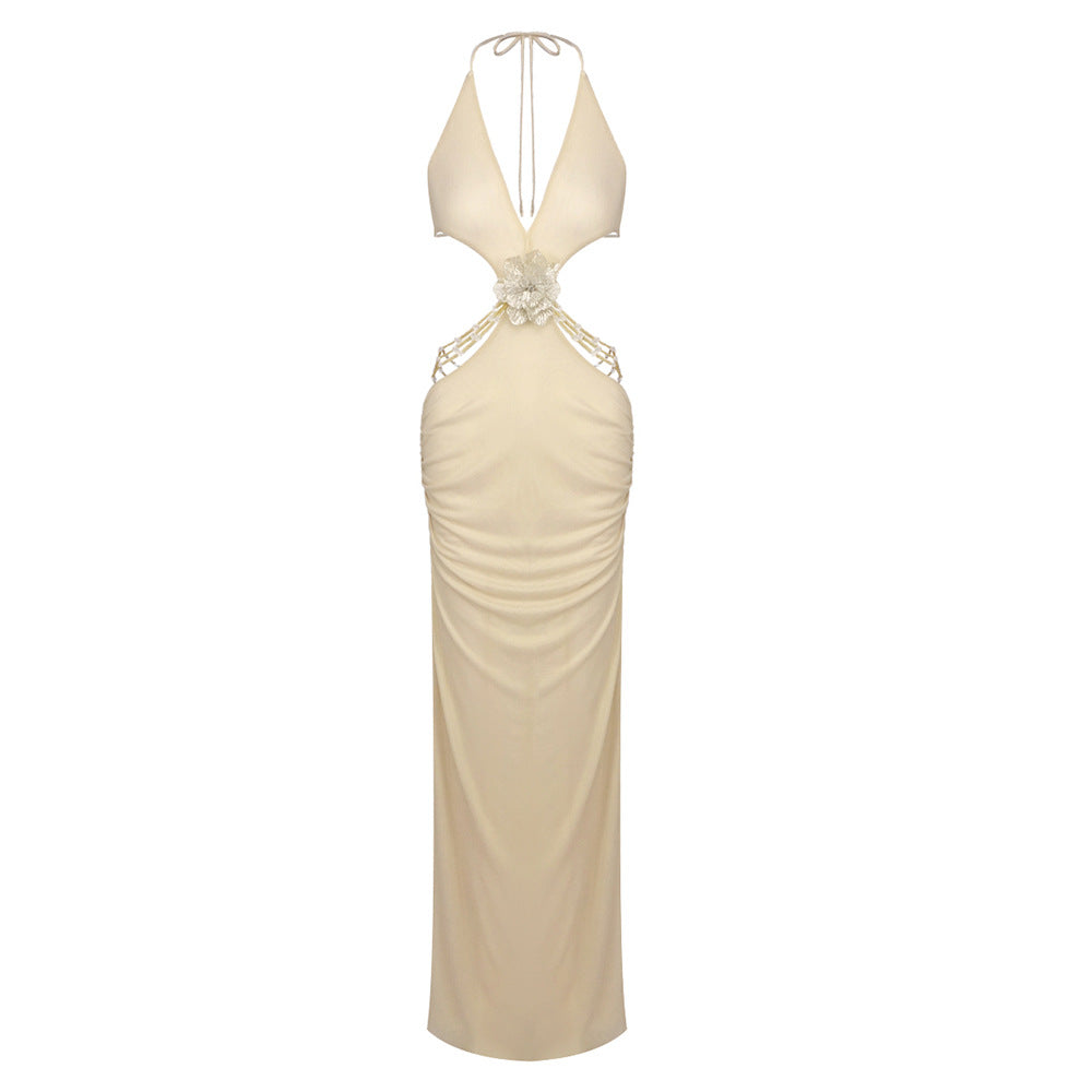 Summer Solid Color Street Hipster Deep V Plunge Halter Backless Slim Fit Dress by Ragazza