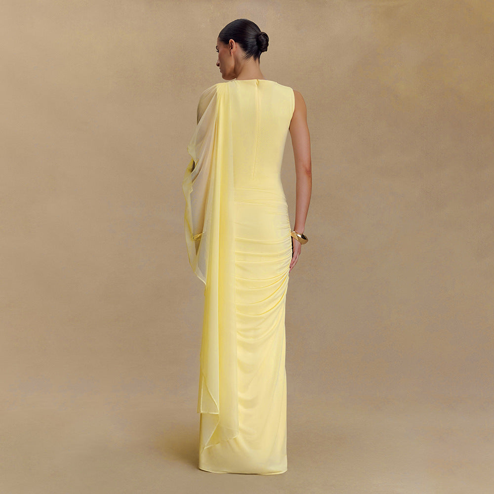 Fashionable Pleated Mesh Shawl Dress Sexy Sheath round Neck Slim Dress by Ragazza