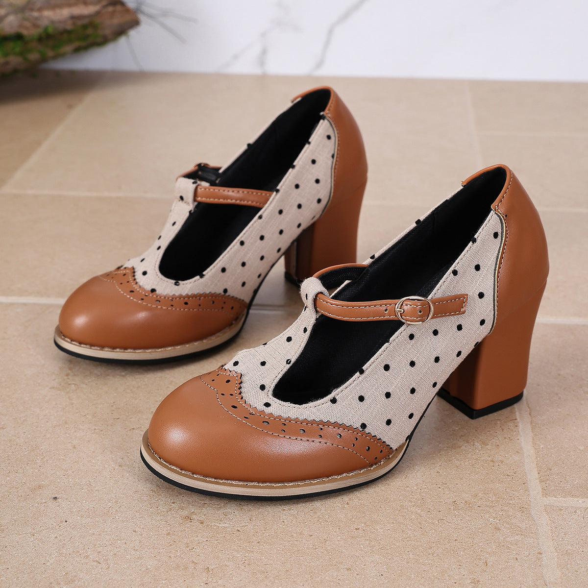Lace Mary Jane Low Top Shoes Women Color Matching T Straps Shallow Mouth Thick High Heel Buckle Women Shoes DestGlow