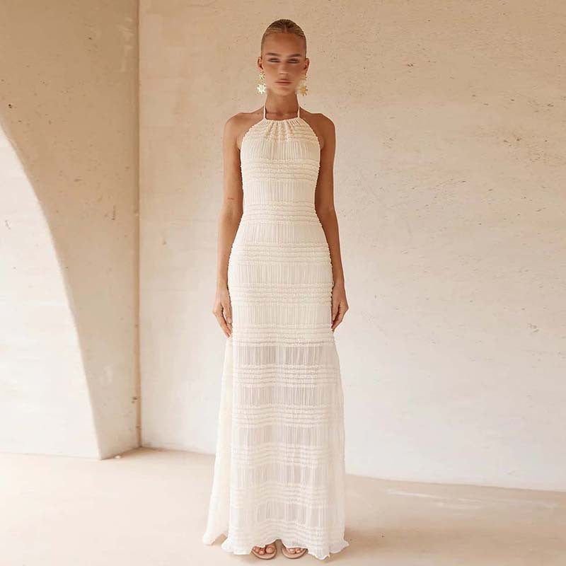French Simplicity Vacation Beach Knit Breathable Maxi Dress Autumn Halter Backless Solid Color Dress by Ragazza