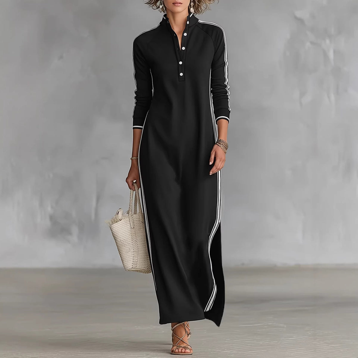 Maxi Dress Women Simple White Piping Collar Decorated with Buttons Sweater Dress DestGlow
