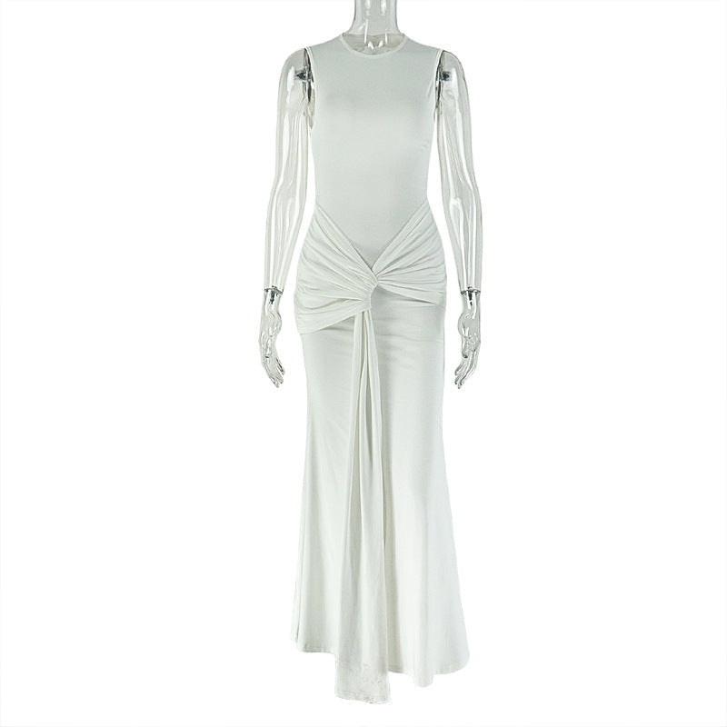 Women One Step Elegant Pleated Hip Dress round Neck Lace up Sleeveless Solid Color Maxi Dress