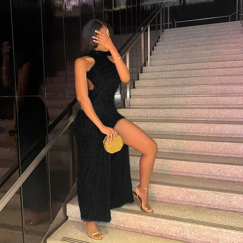 Halter Fur Texture Split Backless Dress Women Sexy Slim Fit Hip DestGlow