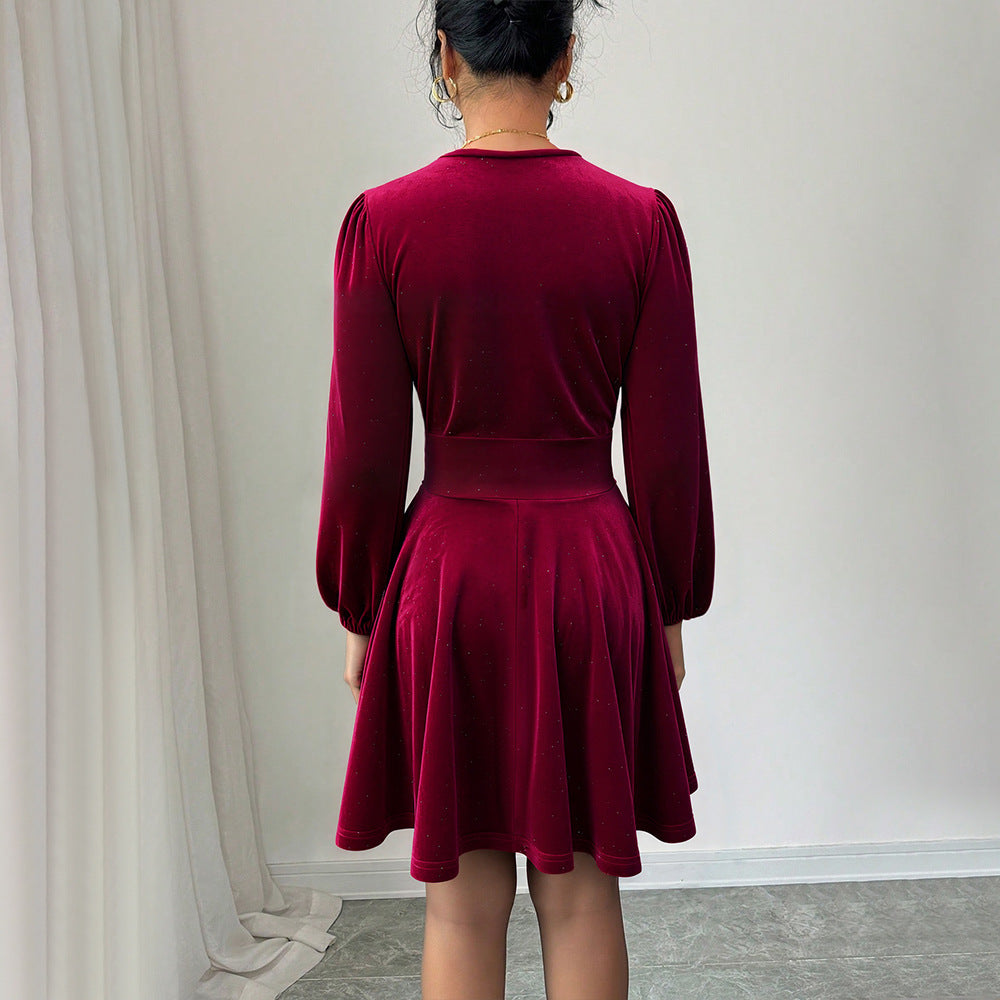 Retro Socialite Christmas Wine Red Velvet V neck Lantern Sleeve Slim Slimming A line Pleated Short Dress by Ragazza