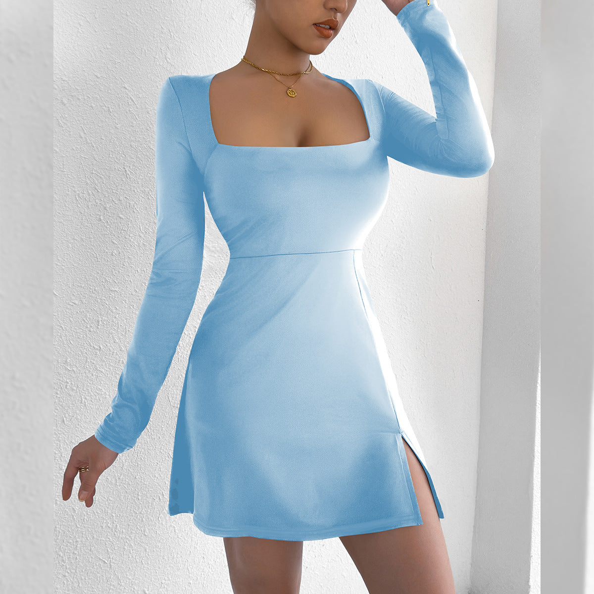 Women Clothing Square Collar Tight Long Sleeve Slit Flared Mini Sexy Dress by Ragazza
