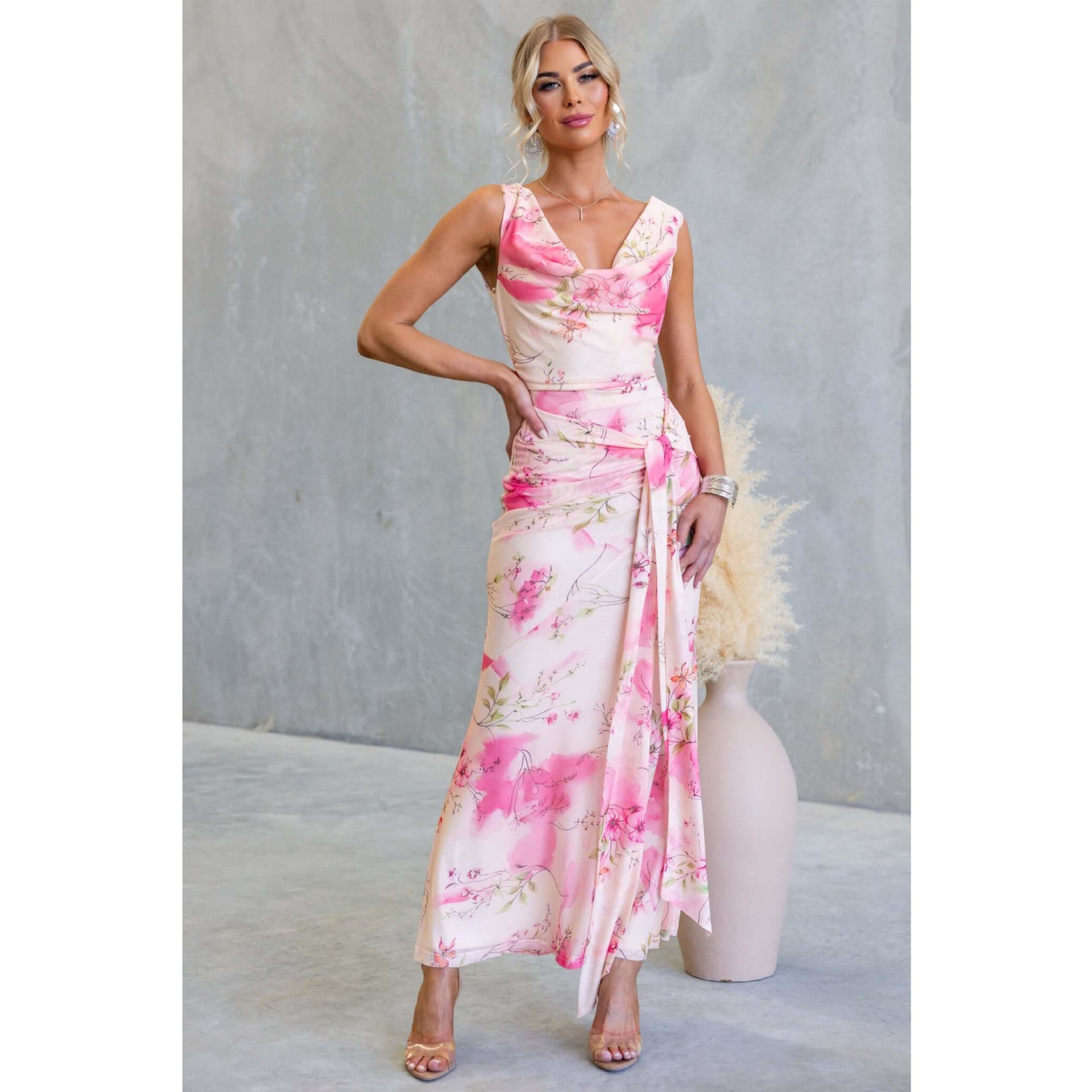 Spring Summer Floral Printed Mesh Slim Fit Backless Sexy Lacing Mid Length Dress DestGlow
