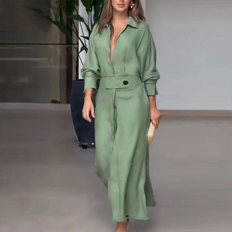 Autumn Office Lace Up Solid Color Waist Tight Long Sleeve Irregular Asymmetric Shirt Dress by Ragazza