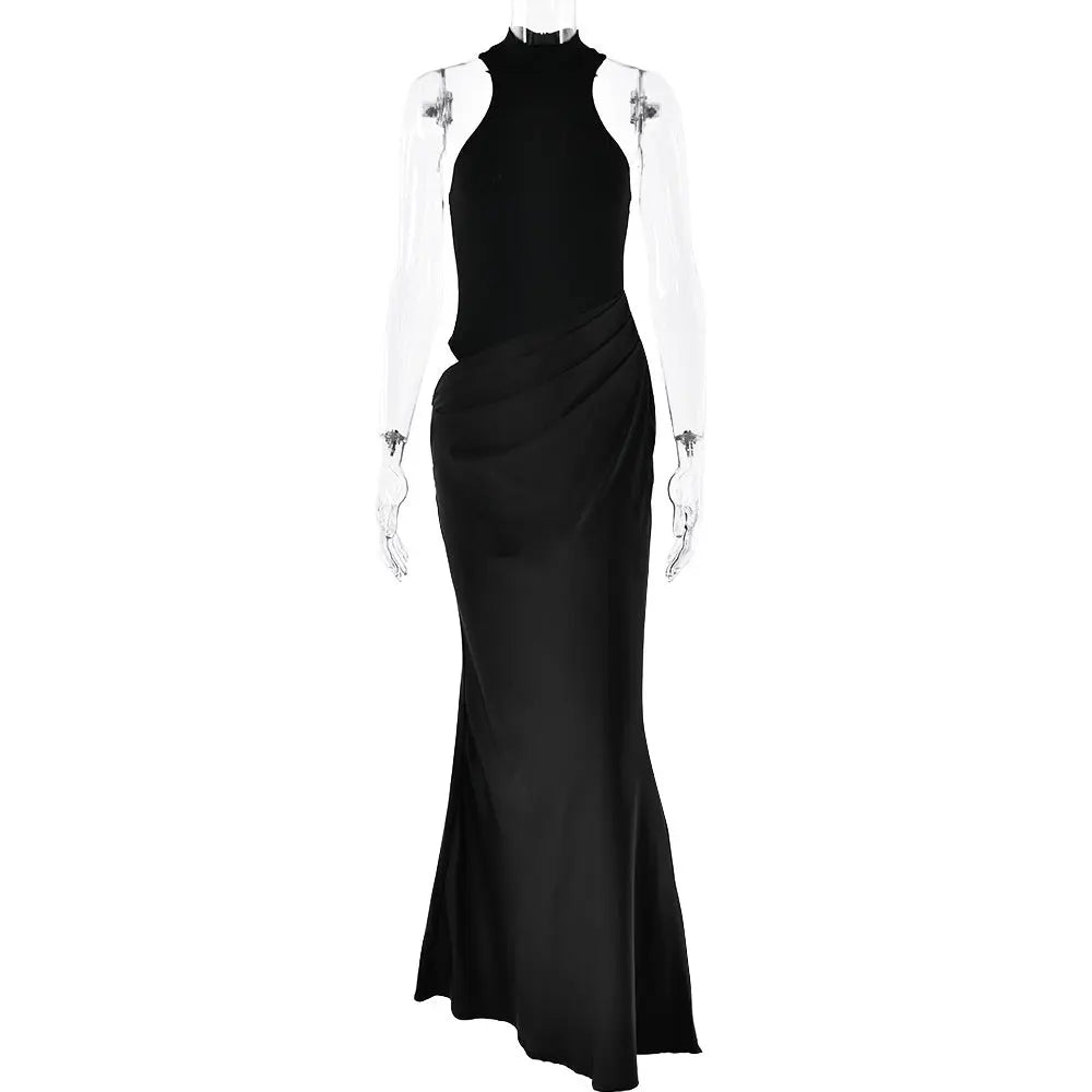 Women Dress round Neck Sleeveless Slim Fitting Patchwork Maxi Dress Hollowed out Dress