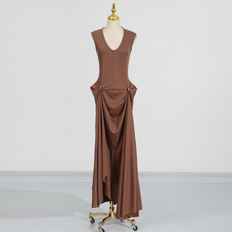 Sexy Sleeveless Dress Summer U Collar Fitted Waist Pleated Design Solid Color Dress Women by Ragazza