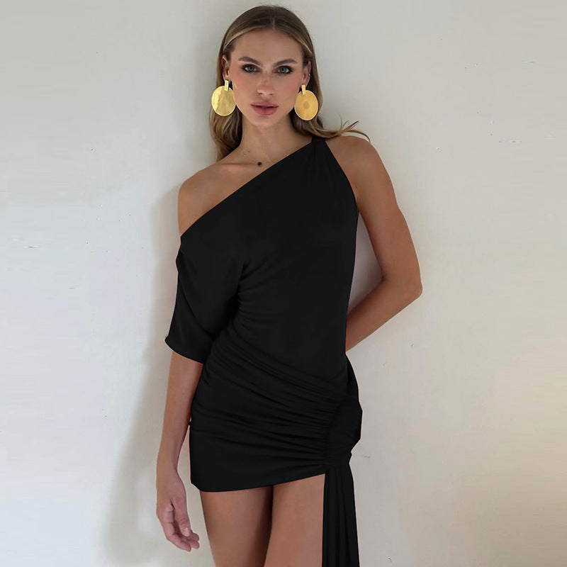 Women Clothing Spring Solid Color Sexy Oblique Shoulder Single Sleeve Asymmetric Ribbon Skinny Hip Dress by Ragazza