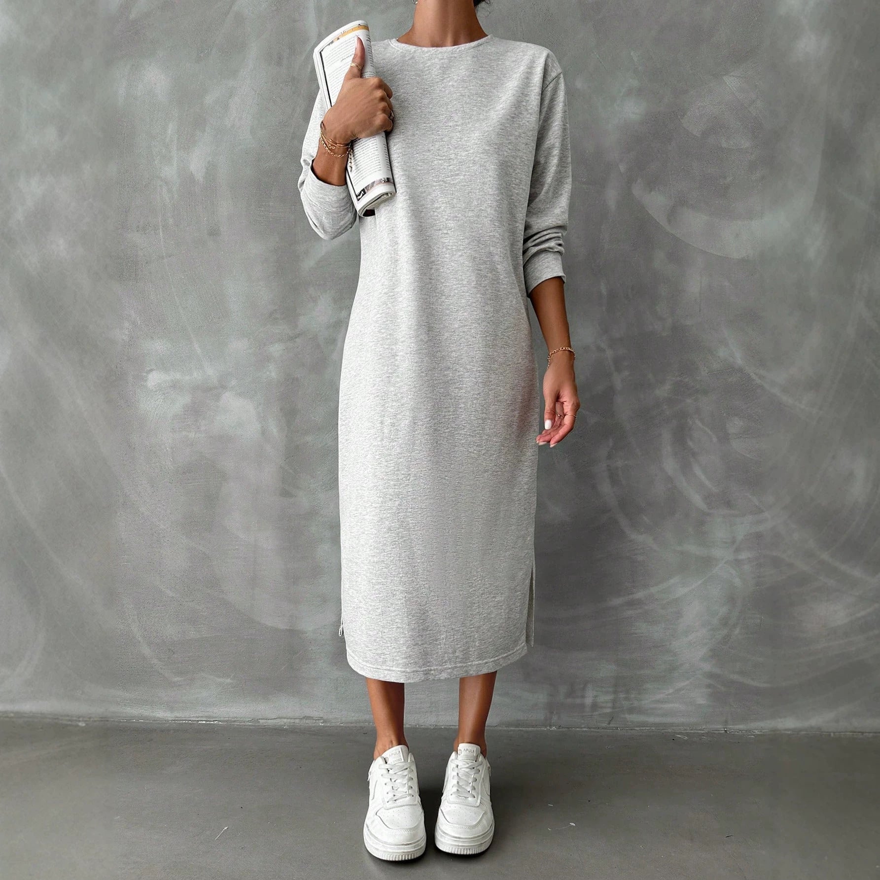 Solid Color Long-Sleeved Dress Women Spring Autumn Idle Drop Shoulder Sweater Dress All Matching Base Straight Midi Dress DestGlow