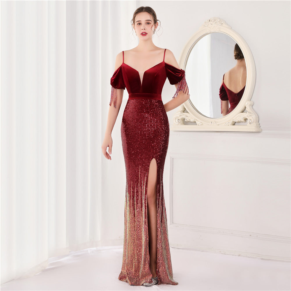 Velvet Spaghetti Straps Cocktail Evening Dress Dress Elegant Company Annual Meeting Women Sexy Long Short Sleeve by Ragazza