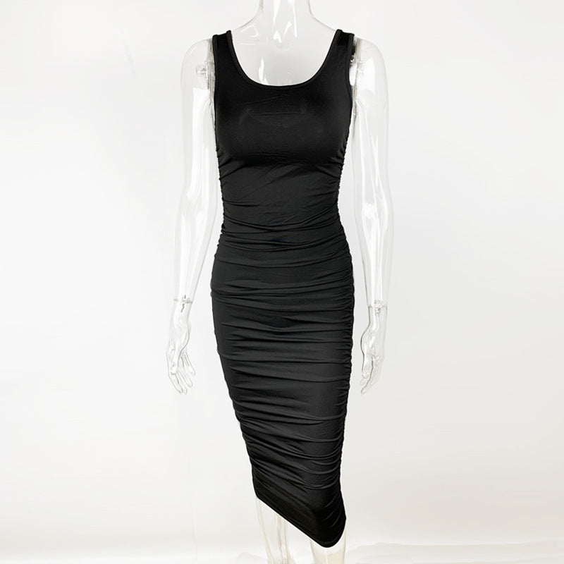 Summer Sexy Women Wear Solid Color Tight Backless Sleeveless Pleated Dress by Ragazza